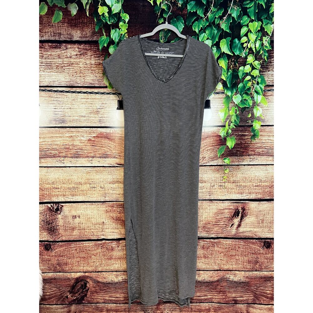 Pact Maxi Shirt Dress Sz S Striped Organic Lightweight Knit Cap Sleeve Side Slit